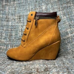 MIOKE Wedge Heeled Lace Up Zipper Ankle Boots in Brown-Velvet Lined